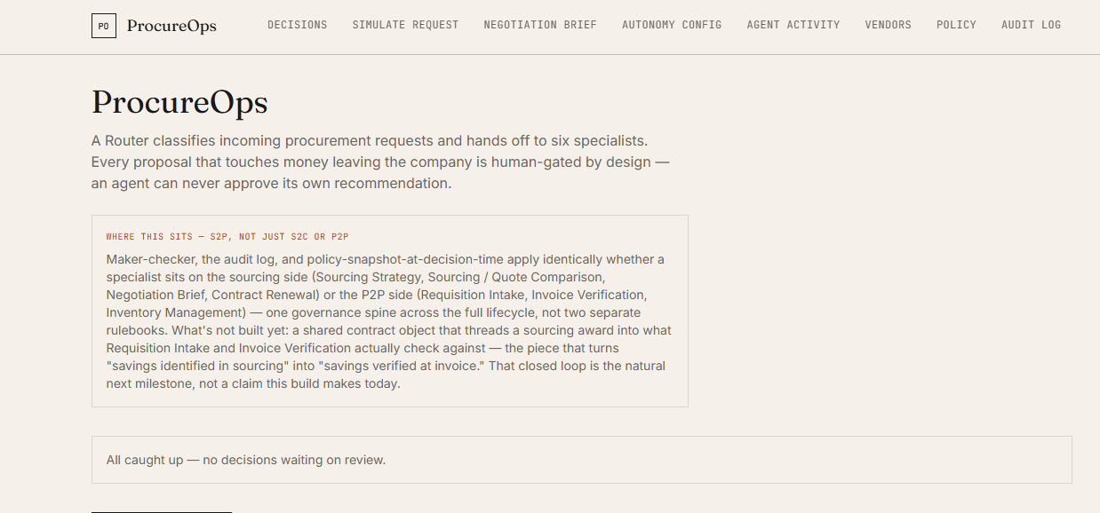 ProcureOps home page — title, S2P positioning note explaining unified governance across sourcing and P2P, and a notifications panel