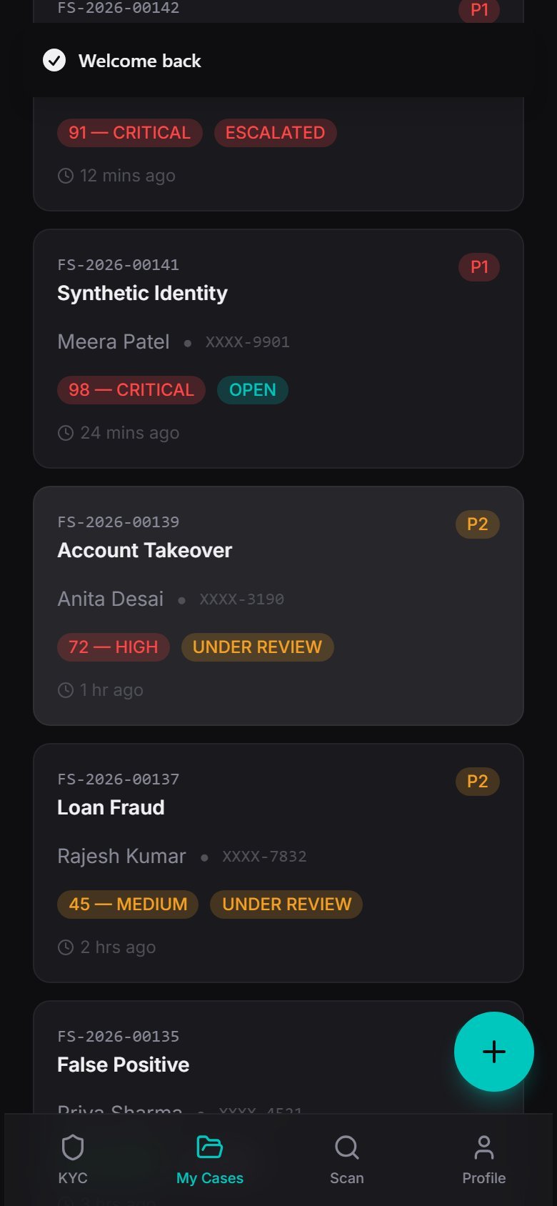 FraudShield — Case queue listing prioritized fraud cases with status and risk scores