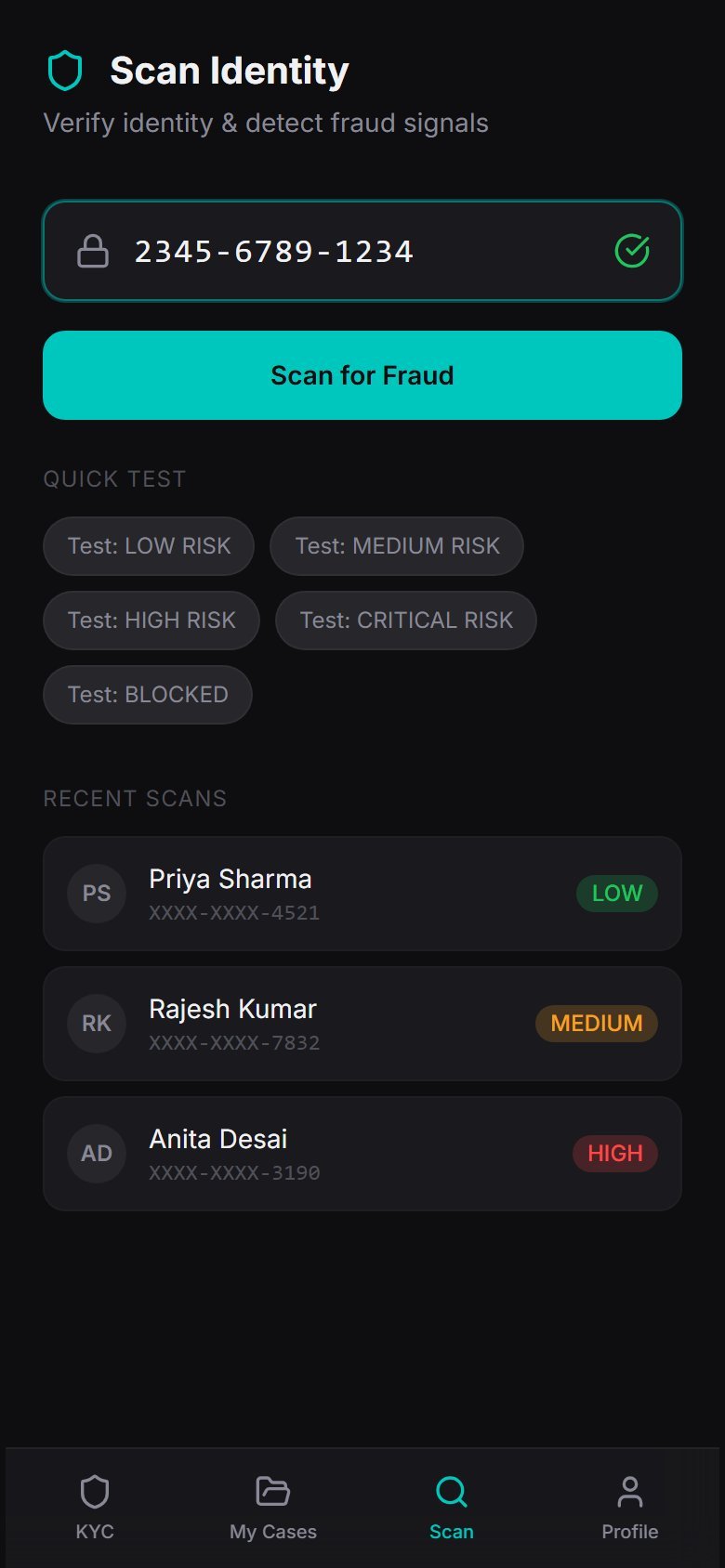 FraudShield — Aadhaar scan screen with masked identity input and recent scan history